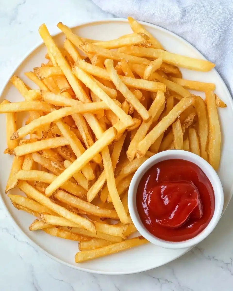 Mac Fries, made from premium potatoes, are served golden and crispy with a side of ketchup in a small white bowl on a light surface.