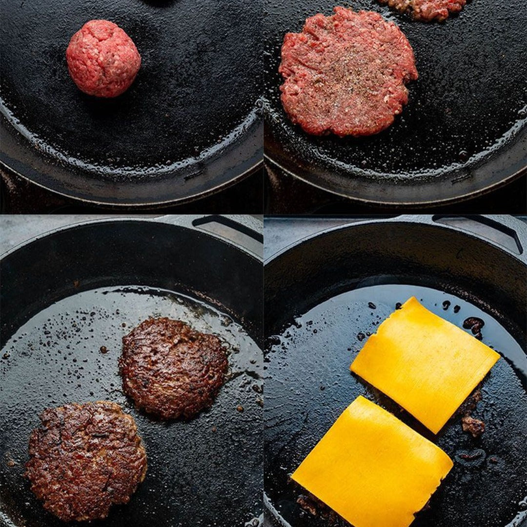 Four images show how to make Smash Burger in a skillet: frozen smash burger balls, a flattened patty, cooked beef patties, and burgers topped with melted cheddar cheese slices.