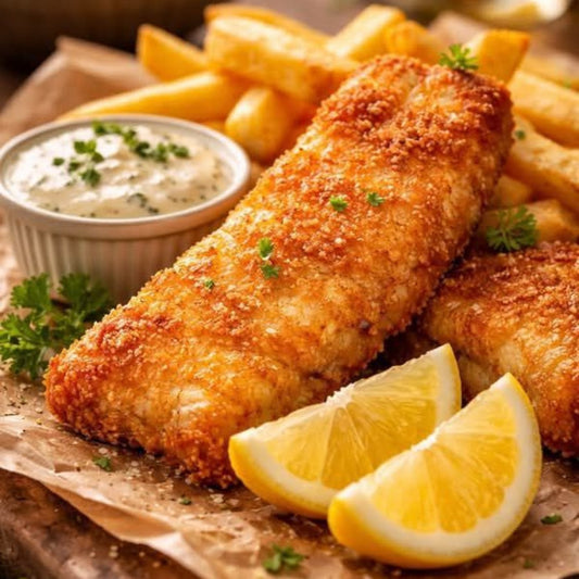 Fish Crispy features golden, crispy breading over tender white fish fillet, served with French fries, lemon wedges, tartar sauce, and a fresh parsley garnish—a perfect quick meal.