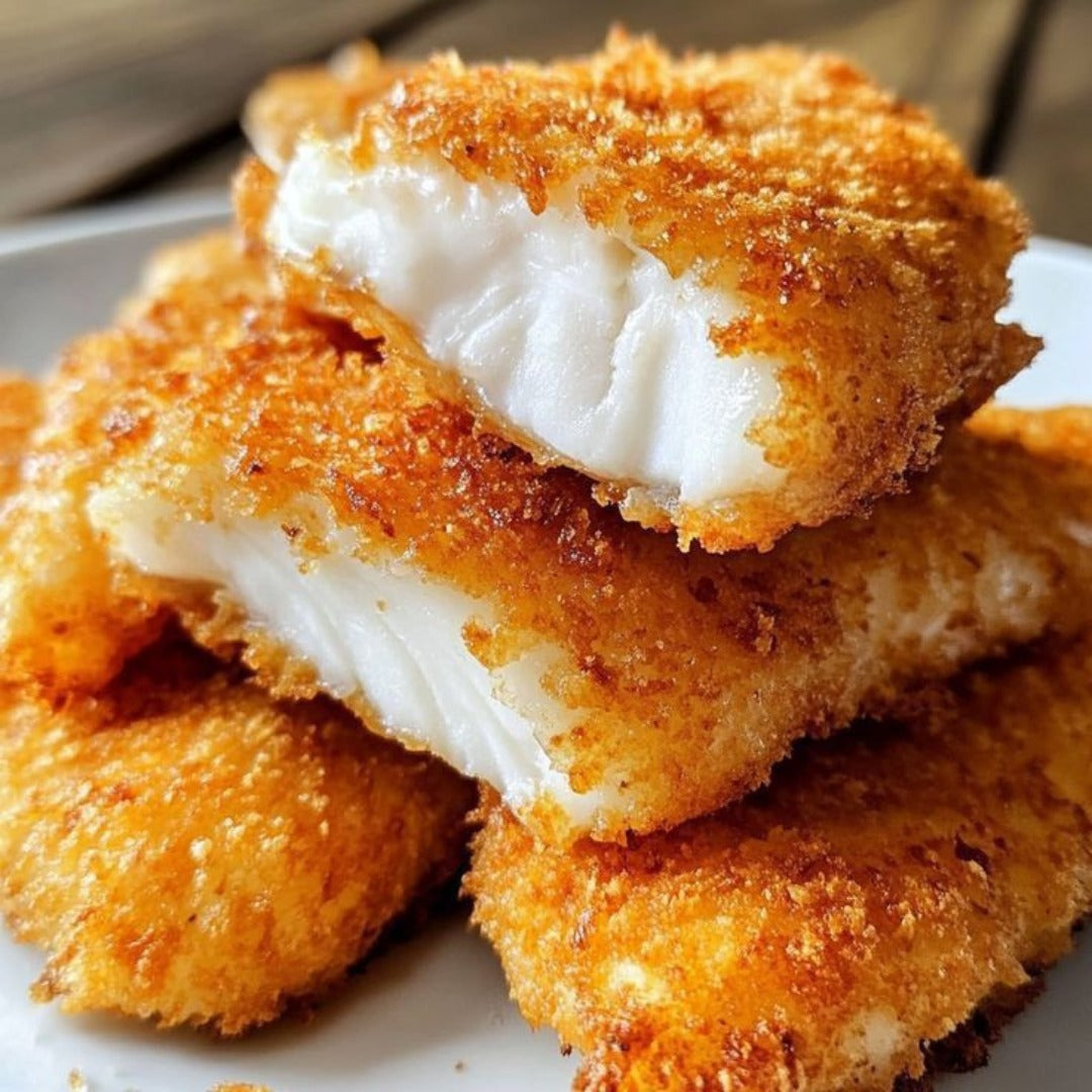 Fish Crispy fillets stacked on a plate, with one broken open to reveal tender, flaky white fish—perfect for a quick and delicious meal.