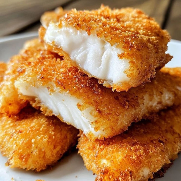 Fish Crispy fillets stacked on a plate, with one broken open to reveal tender, flaky white fish—perfect for a quick and delicious meal.