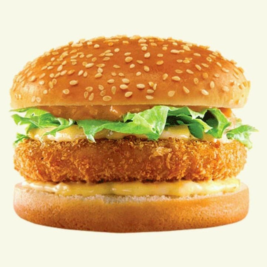 The Chicken Crispy Burger features minced chicken breast, fresh lettuce, and mayonnaise in a sesame seed bun—ready to cook for a delicious meal anytime.