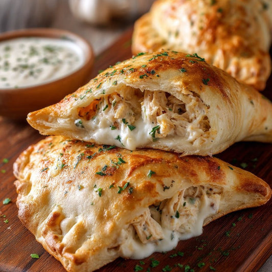 Sambousak chicken—golden, flaky pastries filled with creamy chicken, mozzarella cheese, and herbs—are stacked on a wooden board and topped with chopped parsley. A small bowl of dipping sauce is in the background.