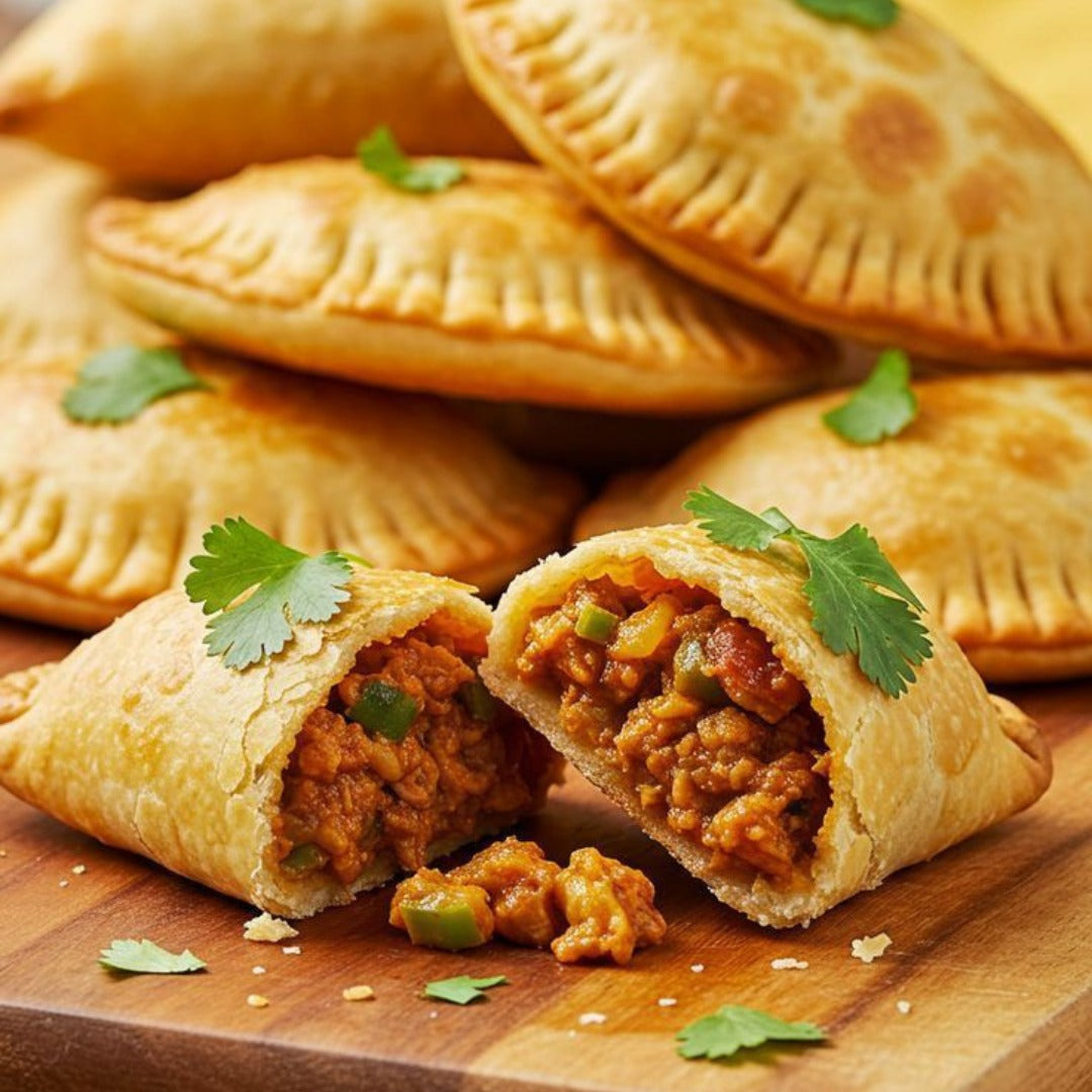 Golden-brown sambousak meat pastries are stacked on a wooden board, one cut open to show savory minced beef, peppers, and spices. Topped with fresh cilantro and perfectly crisped in the airfryer.